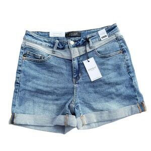 Judy Blue Denim Shorts Womens Size L High Waist Cuffed Hem Stretch‎ Blue NWT